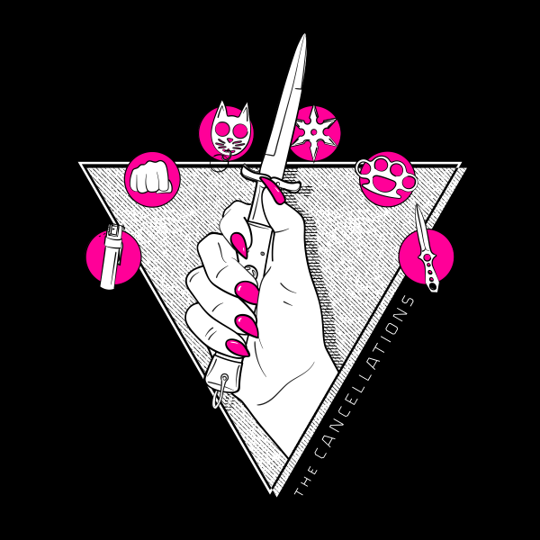 T-shirt design: a hand holds a small knife with bubbles featuring other weapons that surround it