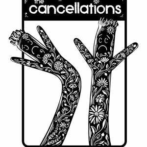 Two wacky inflatable arm flailing tube men dance with sad faces under The Cancellations' logo