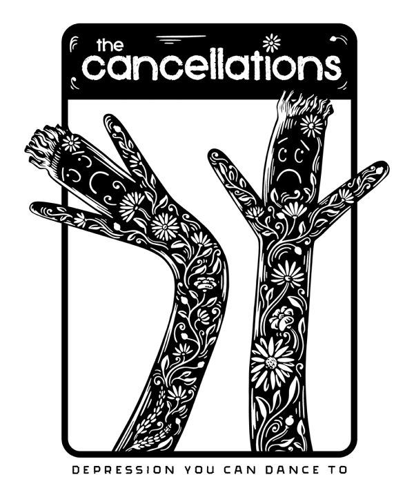 Two wacky inflatable arm flailing tube men dance with sad faces under The Cancellations' logo