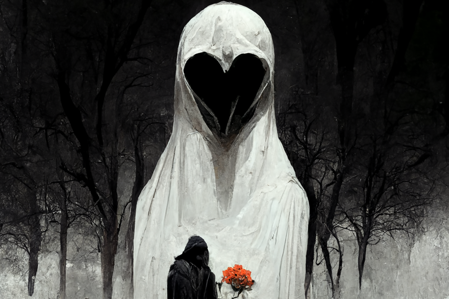 A large white ghost reaper stands amongst dark woods, with a smaller grim reaper dressed in black holding a bouquet of orange-red flowers. The text at the top reads "The Cancellations - Always Be My Baby"