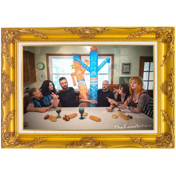 A tacky gold frame holding a picture of The Cancellations posing as if they were in The Last Supper