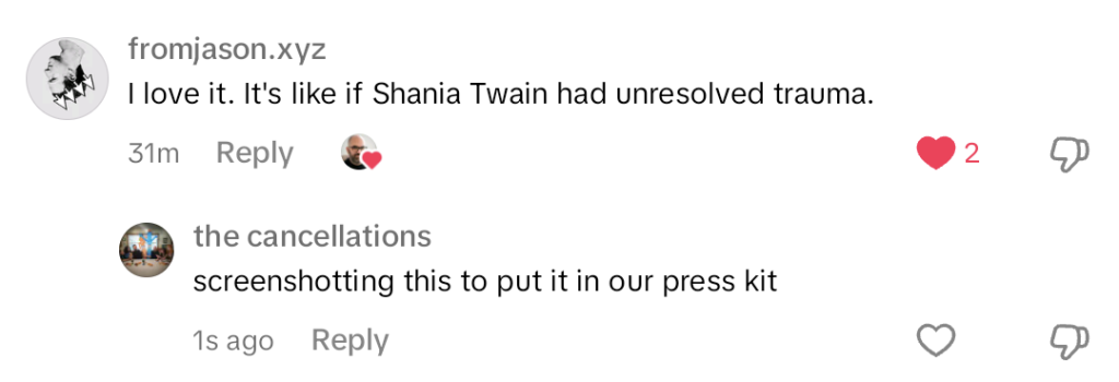 A screenshot of a Tiktok comment thread.
User fromjason.xyz: I love it. It's like if Shania Twain had unresolved trauma. (2 likes, 31m ago)
User thecancellations: screenshotting this to put it in our press kit (0 likes, 1s ago)